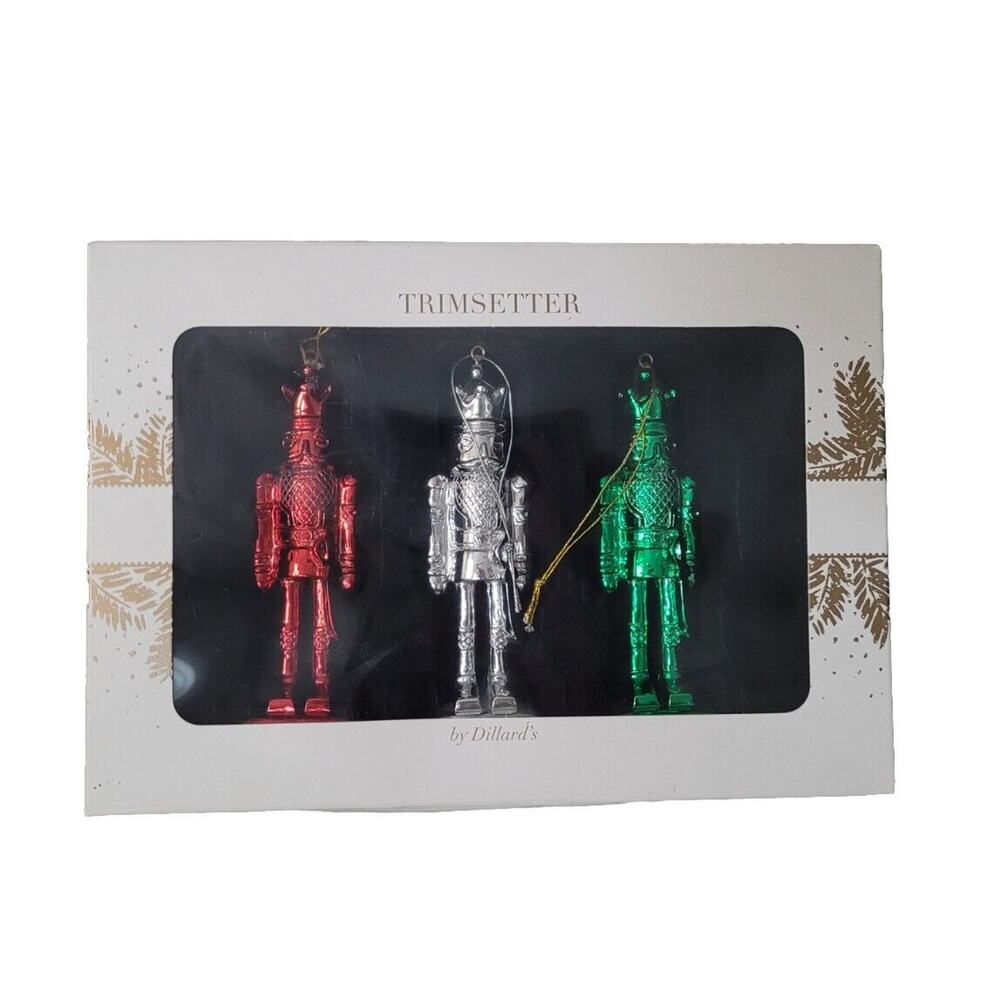 New Dillards Trimsetter Set 3 Nutcracker Christmas Tree ORNAMENTS Red Green Silv